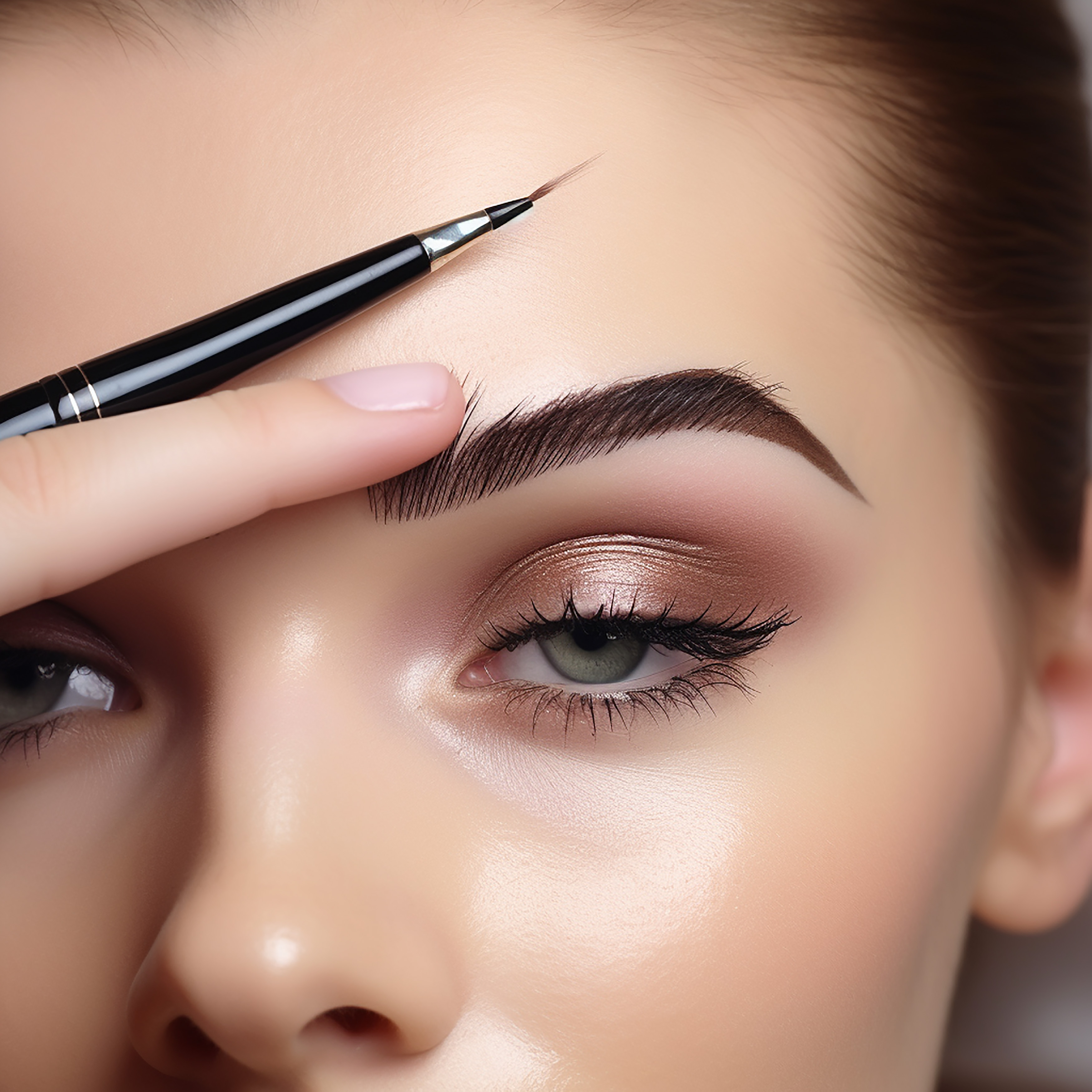 Close-up of a woman's eye with a fine-tipped eyeliner brush applying makeup to her eyebrow